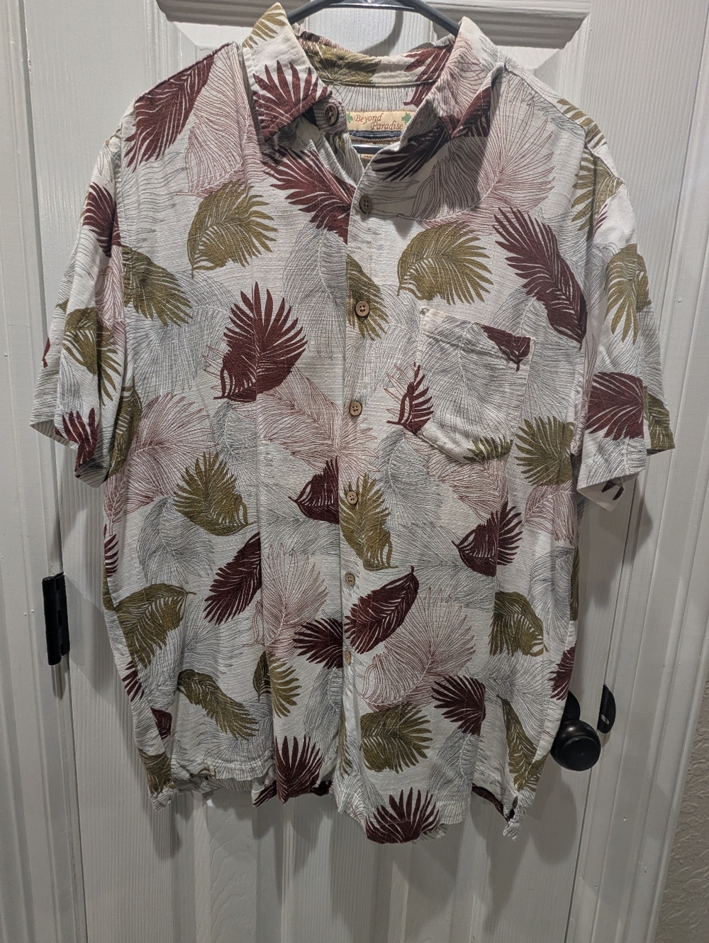Beyond Paradise Tropical Leaf Print Short-Sleeve Shirt - White, Olive & Burgundy